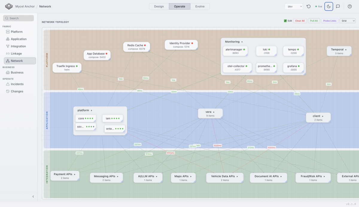 Anchor live topology — Platform, Application, and Integration layers with traced dependencies and latency
